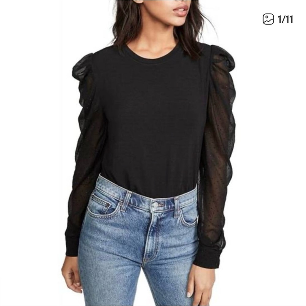 Generation Love Quinn Rhinestone Puff Sleeve Sheer Long Sleeve Top Black Medium